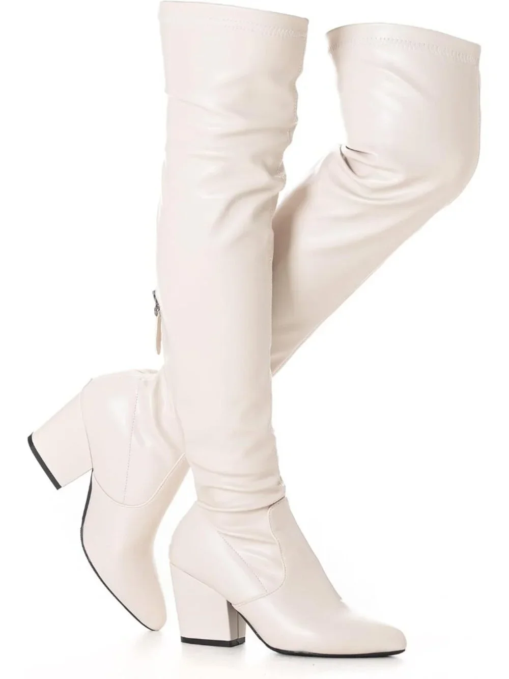 Women's Pu Cream 3 Inch Pointed Toe Chunky Block Heel Over The Knee High Boots